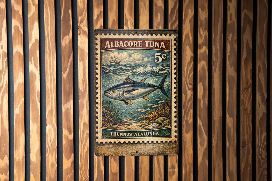 A metal stamp with a picture of a fish and text, hanging on a wooden wall.