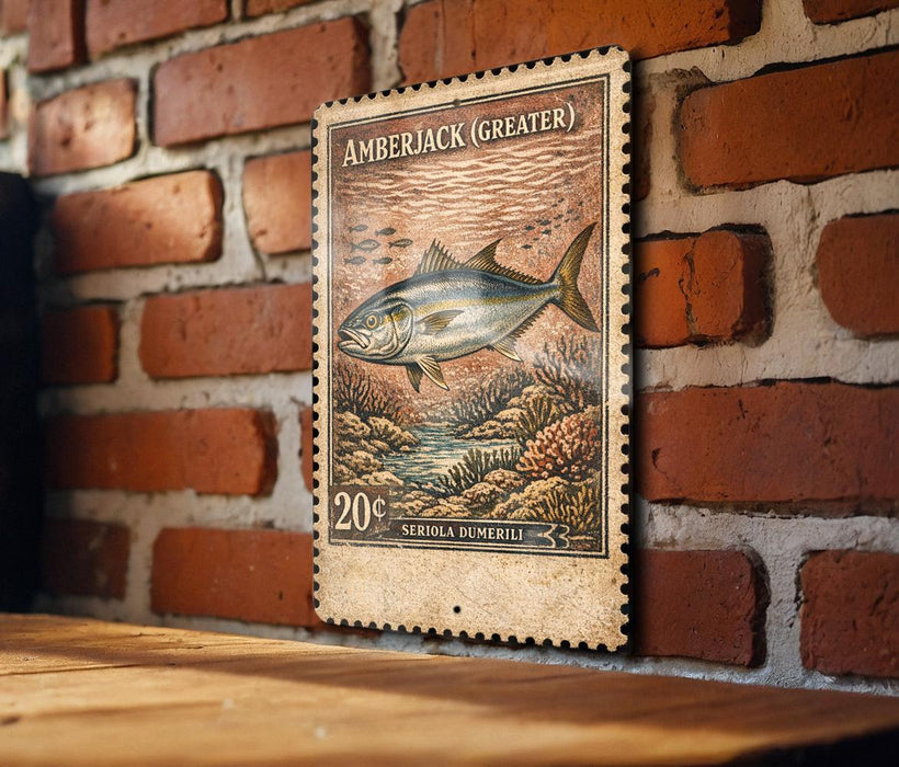 A vintage-style stamp featuring a fish, likely a type of amberjack, is displayed on a brick wall.