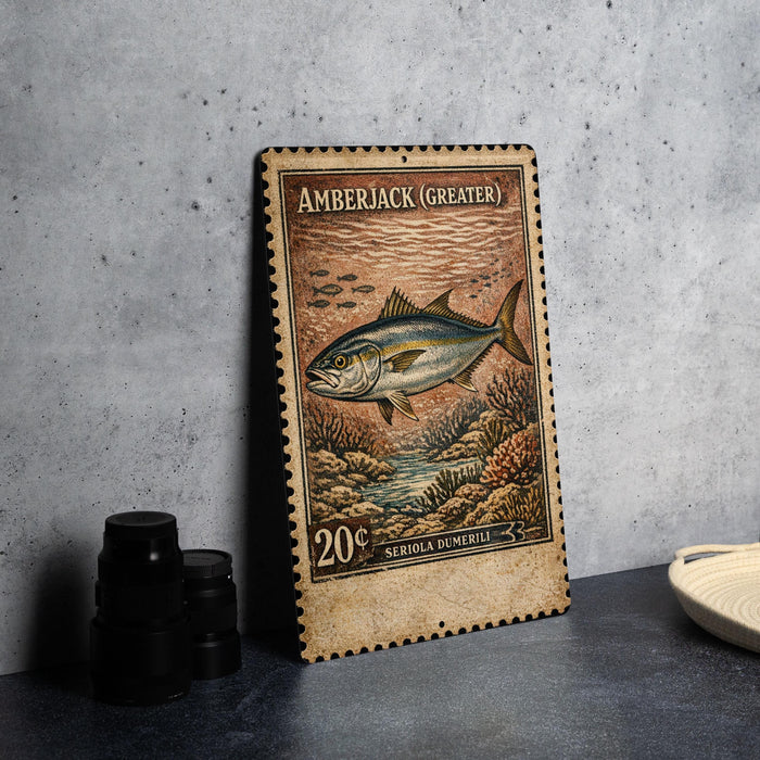A metal stamp depicting a fish, likely Amberjack, with the text "Amberjack (GREATER)" and "20€ SERIOLA DUMERILI" printed on it, placed on a table next to some black camera lenses.
