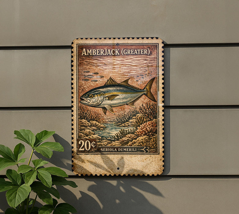 A weathered, vintage-style postage stamp depicting a fish, mounted on a wall next to a plant.