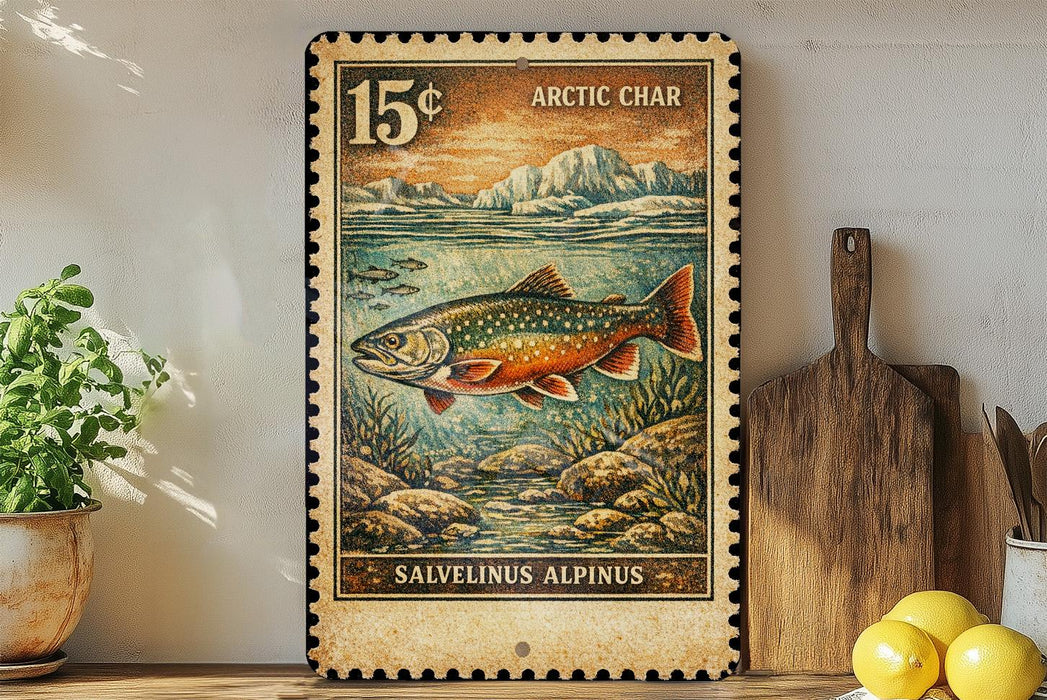 A framed postage stamp depicting a salvelinus alpinus, a type of fish, is displayed on a shelf next to a wooden cutting board and a potted plant.