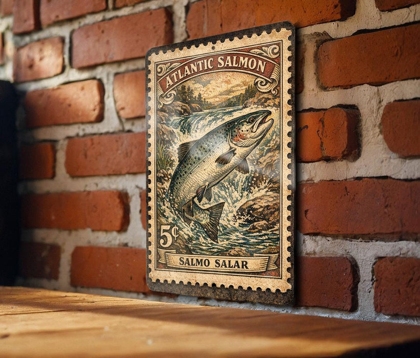A metal sign with a painting of a salmon fish is mounted on a brick wall.