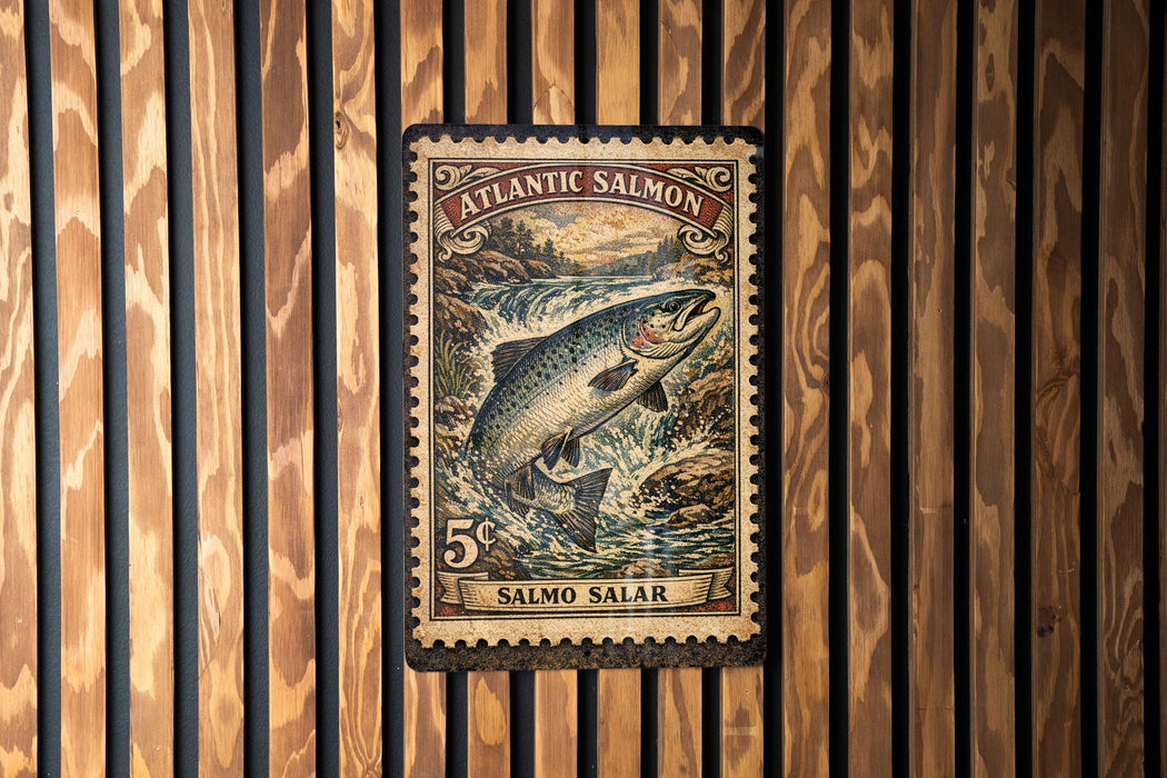 A metal plate with a printed image of a salmon fish, mounted on a wooden wall.
