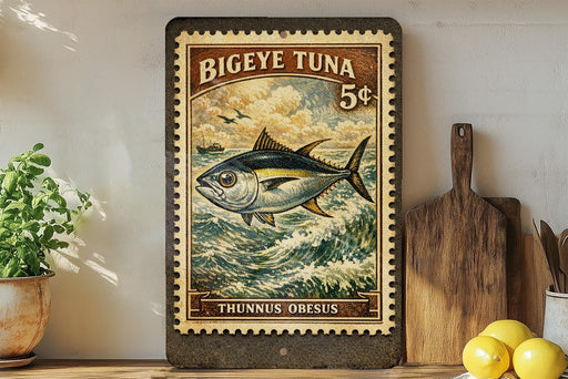 A vintage-style stamp depicting a large tuna fish, with the text "BIEYE TUNA 5¢ THUNNUS OBSUS" printed on it. The stamp is displayed on a shelf next to a wooden cutting board and some kitchen utensils.
