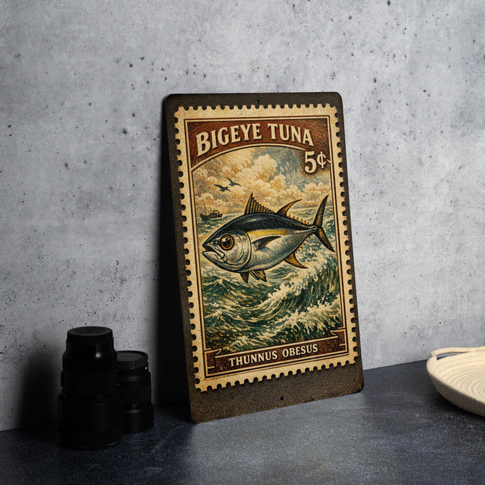 A vintage postage stamp featuring a fish, likely a tuna, with the text "BIEGEYE TUNA 5¢" printed on it.