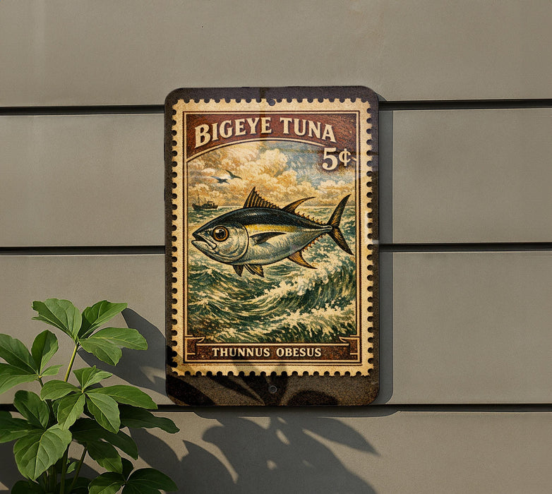 a vintage-style stamp or sign with a fish illustration, mounted on a wall next to a plant.