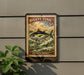 a vintage-style stamp or sign with a fish illustration, mounted on a wall next to a plant.