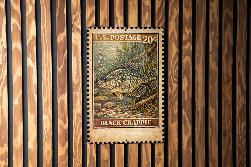 A U.S. postage stamp featuring a black crappie fish, which is a type of fish commonly used as a fishing lure.