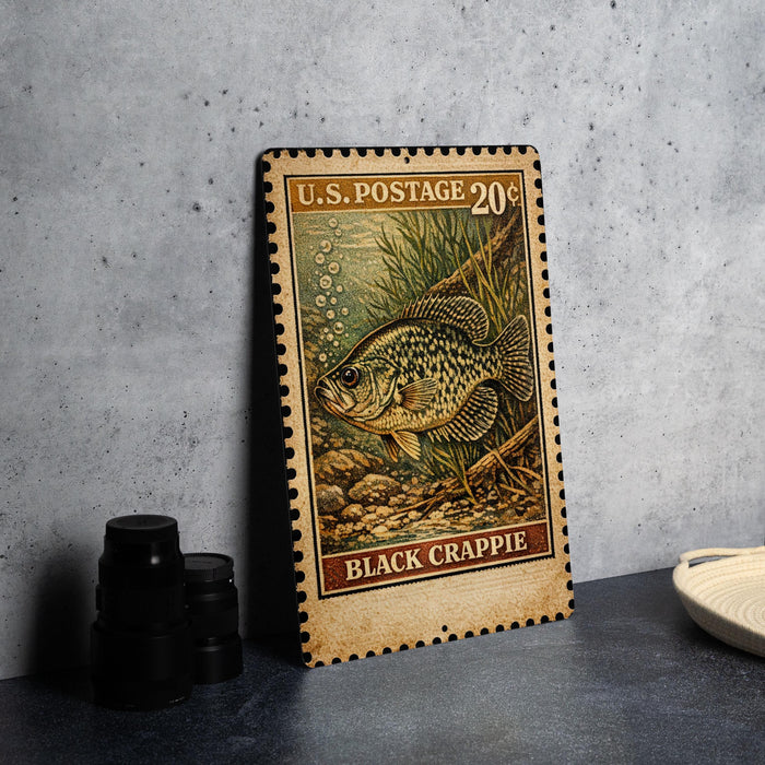 A U.S. postage stamp featuring a black crayfish, placed on a gray surface next to some black camera lenses.