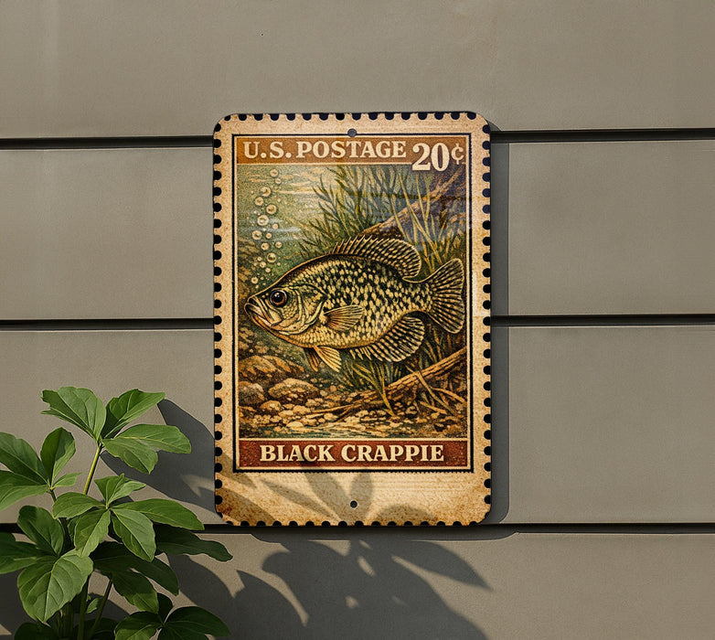 A U.S. postage stamp featuring a black crappie fish, mounted on a wall next to a plant.