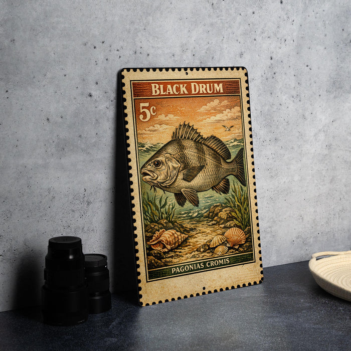 A metal stamp depicting a black drum fish, with a 5c denomination, is displayed on a table next to some black camera lenses.