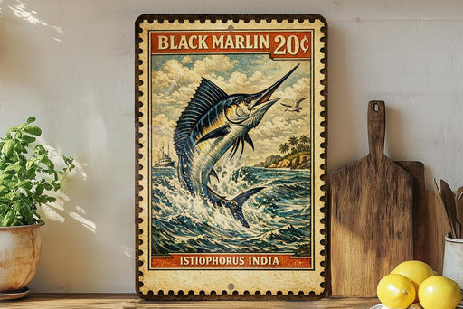 A vintage-style metal stamp depicting a black marlin fish, with the text "BLACK MARLIN 20¢" and "ISTIOPHORUS INDIA" printed on it. The stamp is displayed on a shelf next to a wooden cutting board and a potted plant.