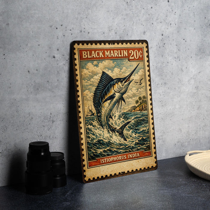 A vintage-style metal stamp depicting a black marlin fish, with text indicating it is worth 20 cents.