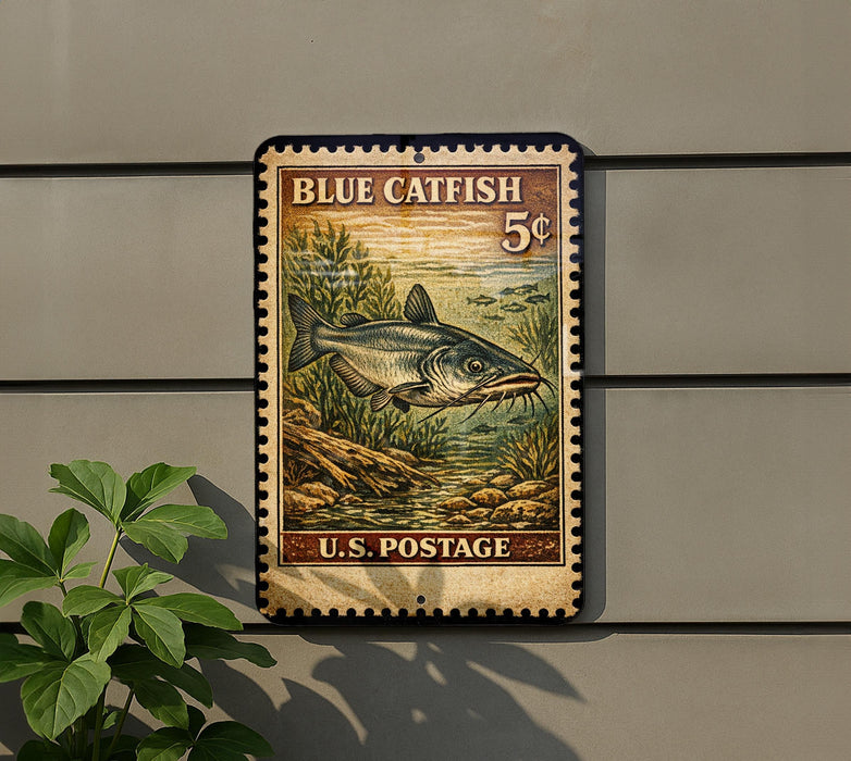 A vintage-style postage stamp featuring a blue catfish, mounted on a wall next to a plant.