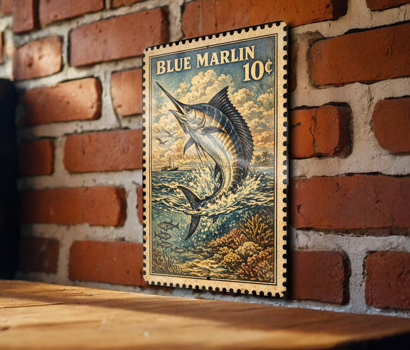 A vintage postage stamp featuring a blue marlin fish, mounted on a brick wall.