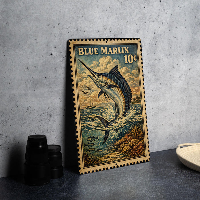 A vintage-style metal stamp depicting a blue marlin fish, with the text "BLUE MARLIN 10¢" printed on it.