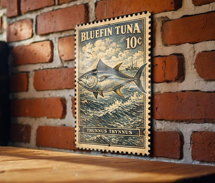 A vintage-style postage stamp featuring a bluefin tuna fish, mounted on a brick wall.