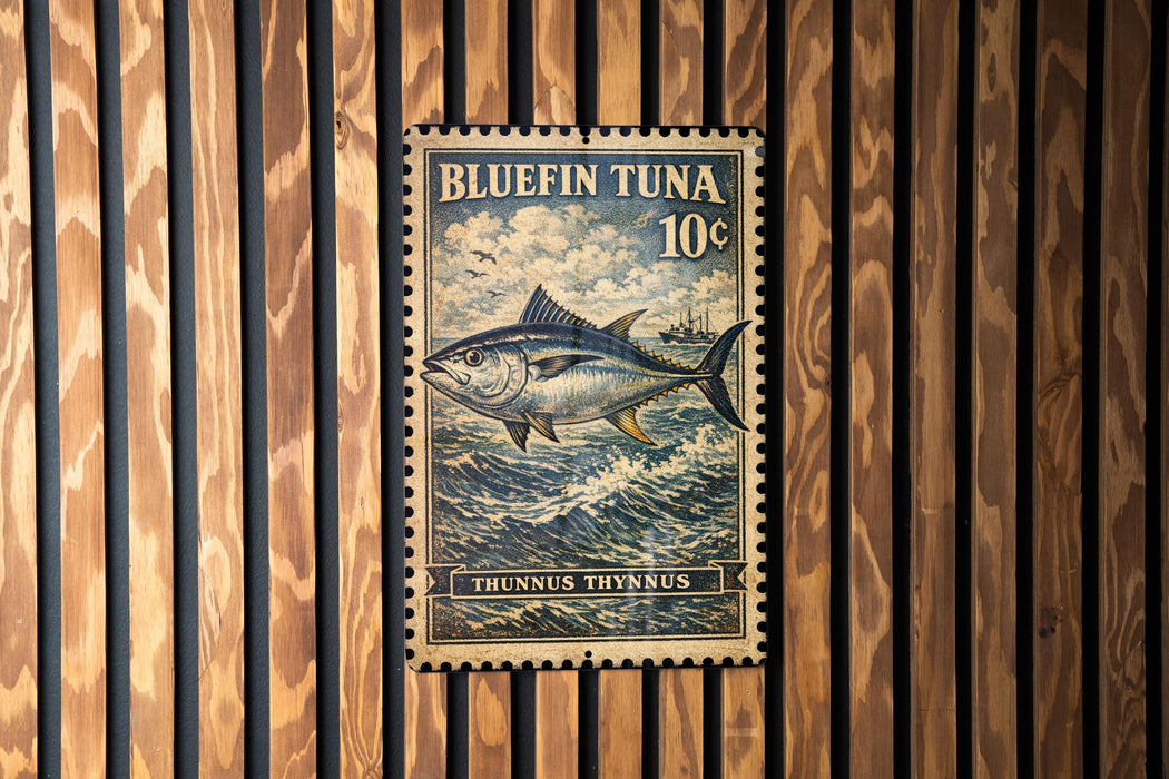 A postage stamp featuring a bluefin tuna fish, with the text "BLUEFIN TUNA 10c" and "THUNNUS THYNNUS" printed on it. The stamp is displayed on a wooden wall with vertical slats.