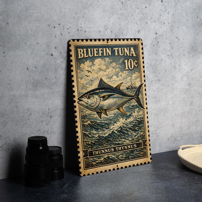 A vintage-style postage stamp featuring a bluefin tuna fish, with the text "BLUEFIN TUNA 10¢" and "THUNNUS THYNNUS" printed on it.