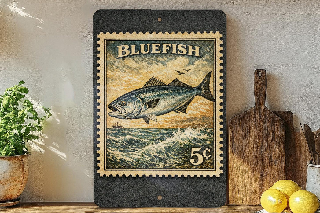 A framed vintage postage stamp featuring a bluefish is displayed on a shelf next to a wooden cutting board, a potted plant, and some lemons.