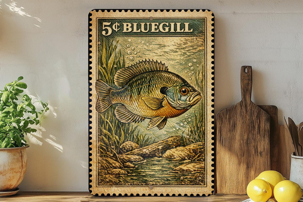 A framed print of a bluegill fish is displayed on a shelf, surrounded by kitchen utensils and a potted plant.