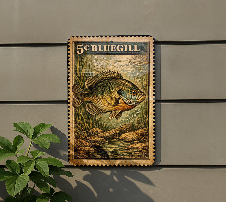 A 5-cent postage stamp featuring a bluegill fish is displayed on a wall, with a plant to the left.