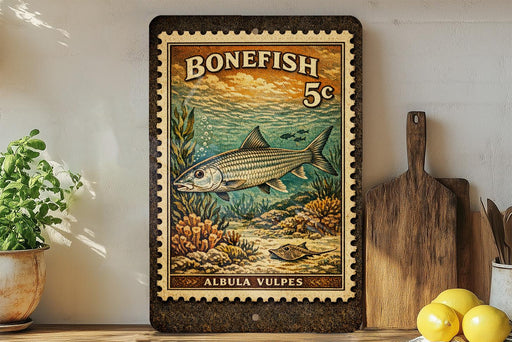 A vintage-style postage stamp featuring a bonefish, with the text "BONEFISH 5c" and "ALBU VULPES" printed on it. The stamp is displayed on a shelf next to a wooden cutting board and a potted plant.