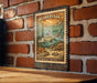A vintage-style postage stamp featuring a fish, likely a bonefish, is displayed on a brick wall.