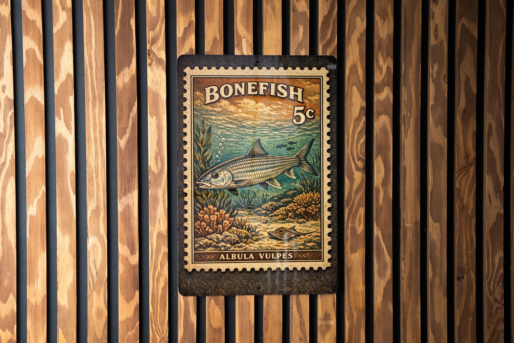 A metal stamp with a fish illustration and text, hanging on a wooden wall.