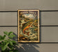 A metal sign with a painting of a fish, specifically a Brook Trout, jumping out of a river.