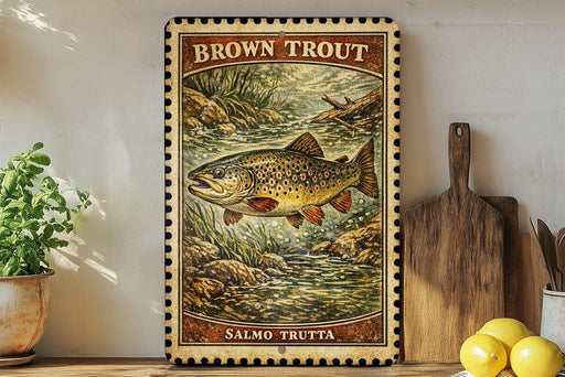 A framed print of a brown trout is displayed on a shelf, surrounded by kitchen utensils and a potted plant.