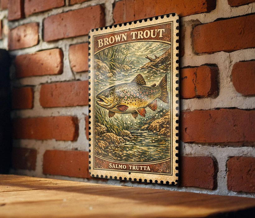 A framed print of a brown trout is hanging on a brick wall, depicting a fish swimming in a river.