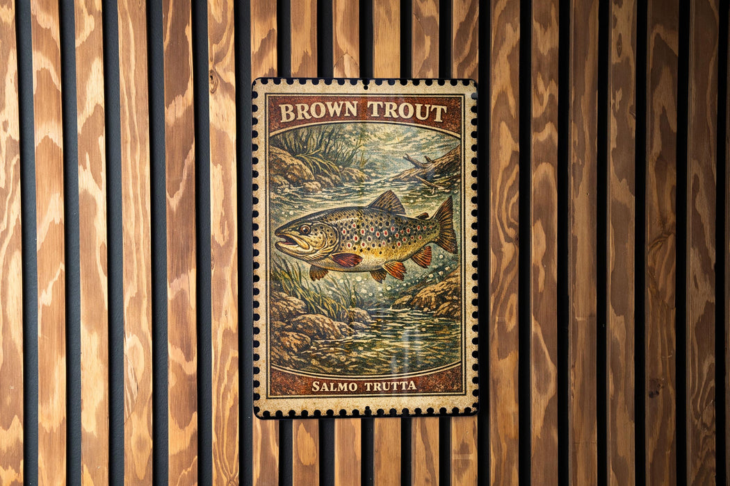 A framed print of a brown trout is displayed on a wooden wall.