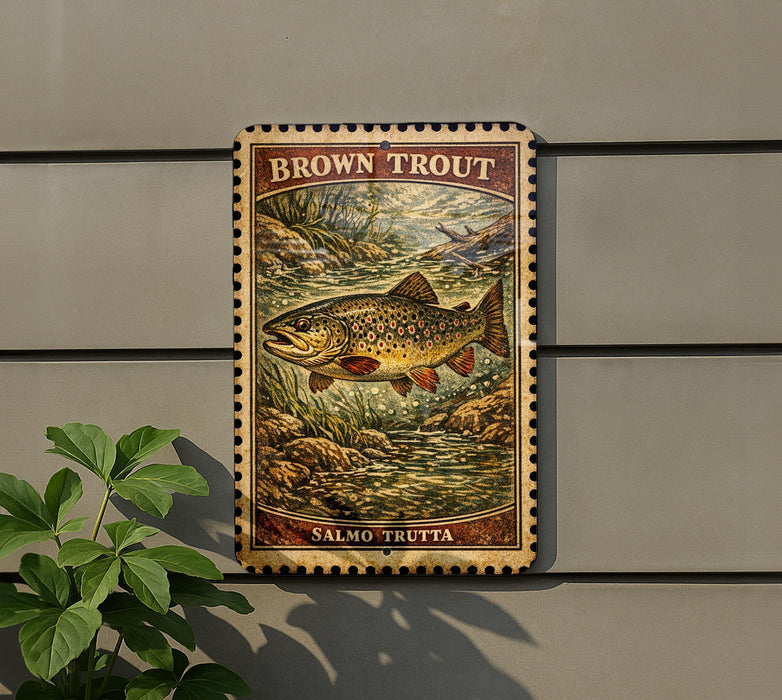 A framed print of a brown trout is displayed on a wall, with a plant to the left.