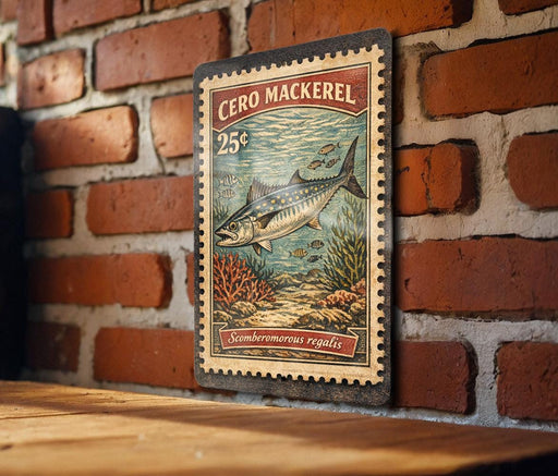 A vintage-style metal stamp featuring a fish, likely a Mackerel, against a brick wall background.