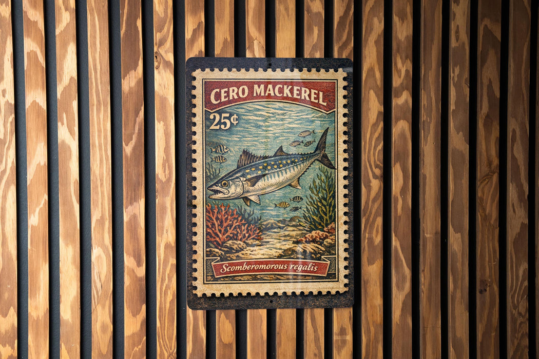 A vintage-style stamp featuring a mackerel fish, with the text "Cero Mackerel 25¢" and "Scobornorous regalis" printed on it. The stamp is displayed on a wooden wall with vertical slats.