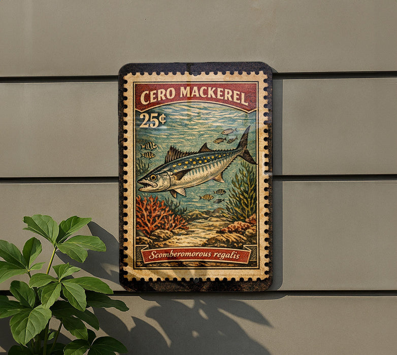 A vintage-style metal sign with a fish illustration and text, mounted on a wall next to a plant.