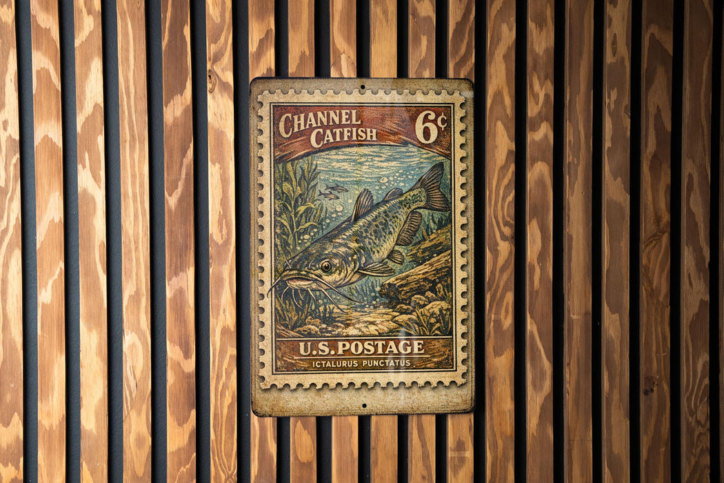 A vintage-style metal stamp depicting a catfish, with the text "Channel Catfish 6¢" and "U.S. POSTAGE ICTALURUS PUCITATUS" printed on it. The stamp is mounted on a wooden wall with vertical slats.