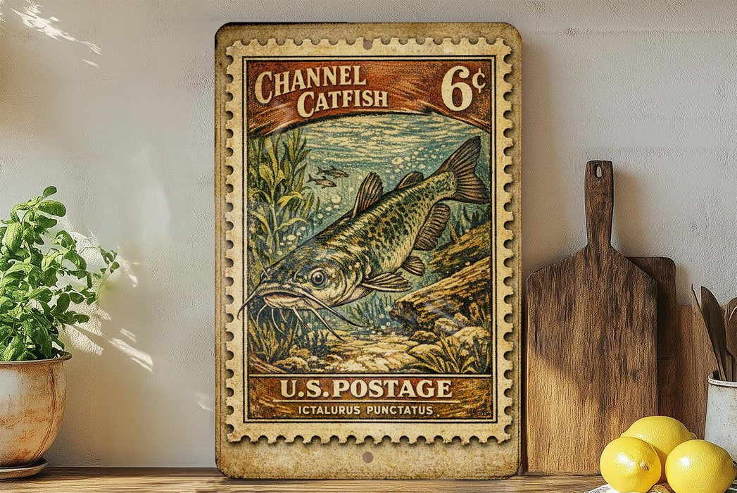 A vintage-style postage stamp featuring a catfish, with the text "Channel Catfish" and "U.S. Postage ictalurus punctatus" printed on it. The stamp is displayed on a shelf next to a wooden cutting board and a potted plant.