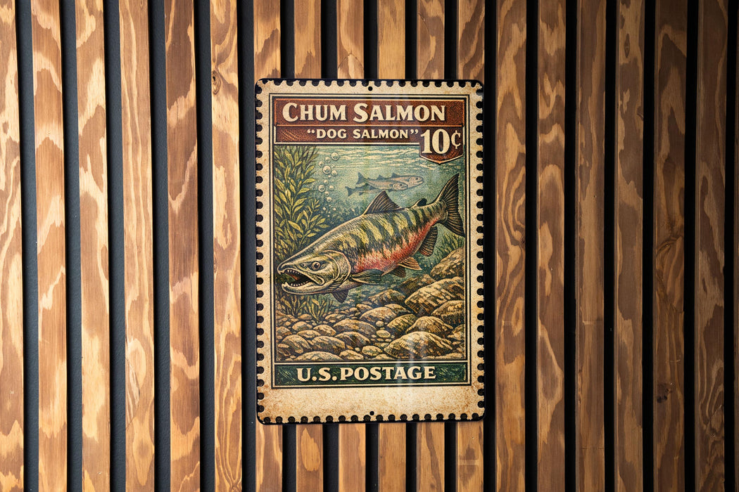 A U.S. postage stamp featuring a chum salmon, a type of fish, against a wooden background.