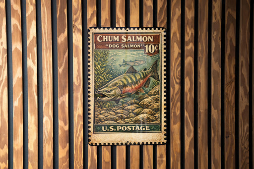 A U.S. postage stamp featuring a chum salmon, a type of fish, against a wooden background.