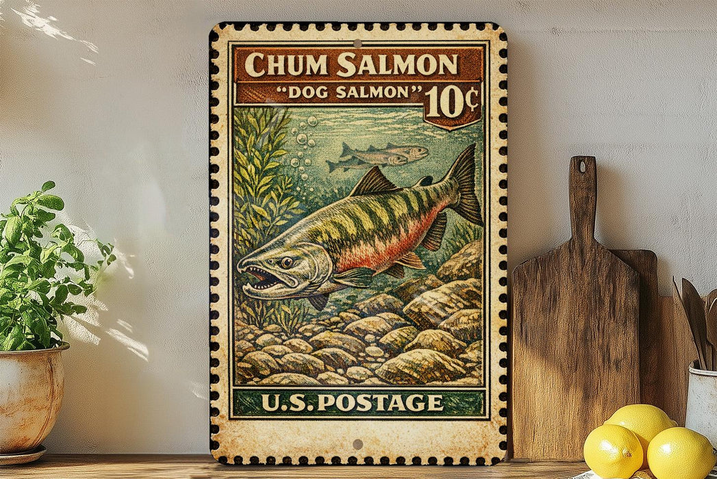 A vintage-style postage stamp featuring a chum salmon, with a price of 10 cents, is displayed on a wooden surface next to a wooden cutting board and some lemons.