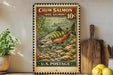 A vintage-style postage stamp featuring a chum salmon, with a price of 10 cents, is displayed on a wooden surface next to a wooden cutting board and some lemons.