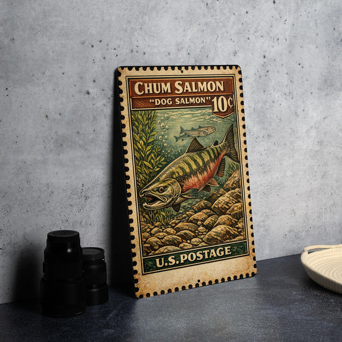 A vintage-style stamp depicting a Chum salmon, a type of salmon, with a price of 10 cents. The stamp is placed on a gray surface next to some black camera lenses.