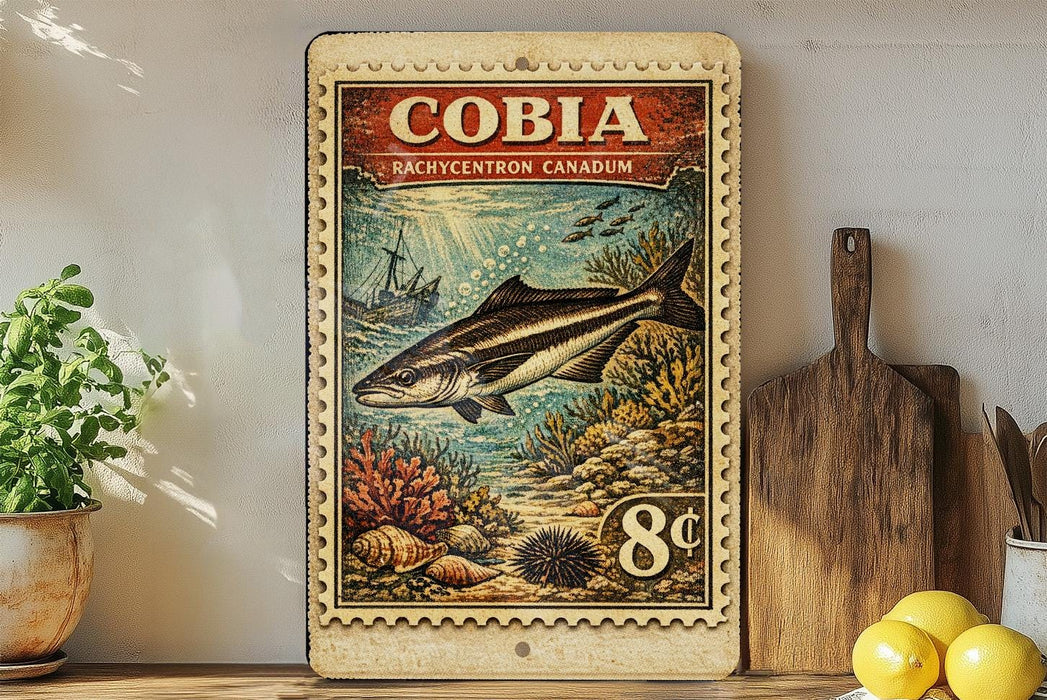 a vintage-style stamp or postcard with a fish illustration, placed on a wooden surface next to a wooden cutting board and some lemons.