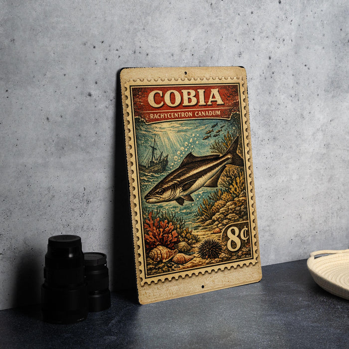 a vintage-style metal stamp with a fish illustration, placed on a table next to some black camera lenses.