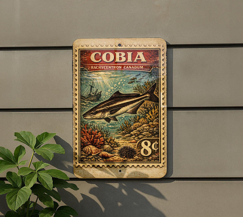 a metal sign with a fish illustration, mounted on a wall next to a plant.
