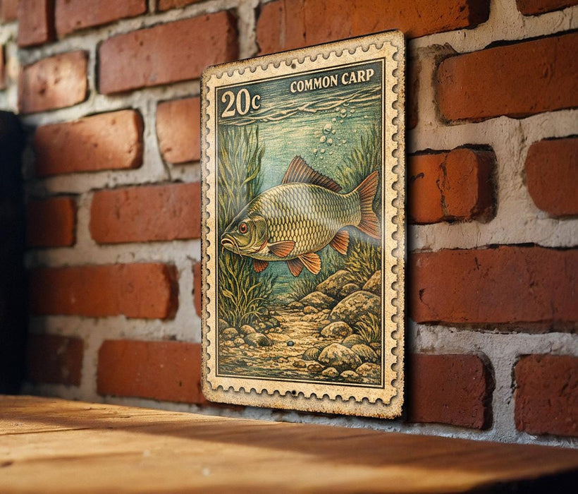 A vintage-style postage stamp featuring a fish, likely a carp, is displayed on a brick wall.