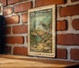 A vintage-style postage stamp featuring a fish, likely a carp, is displayed on a brick wall.