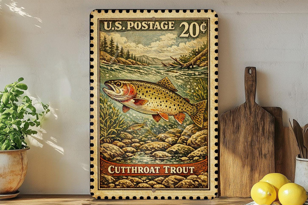 A framed U.S. postage stamp depicting a cutthroat trout, with a wooden paddle and a potted plant in the background.